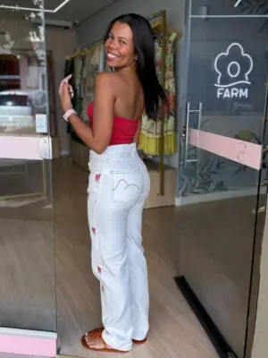 CALÇA SARJA WIDE BORDADA FLOR ROSÁLIA - Imagem 3