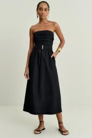 VESTIDO MIDI TRICOLINE DECOTE DRAPEADO